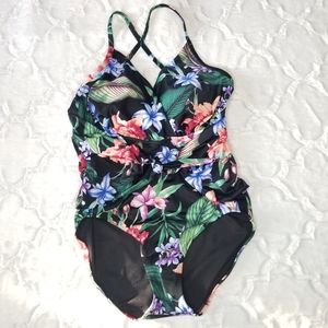 Aqua Green Tropical Floral One Piece Swimsuit